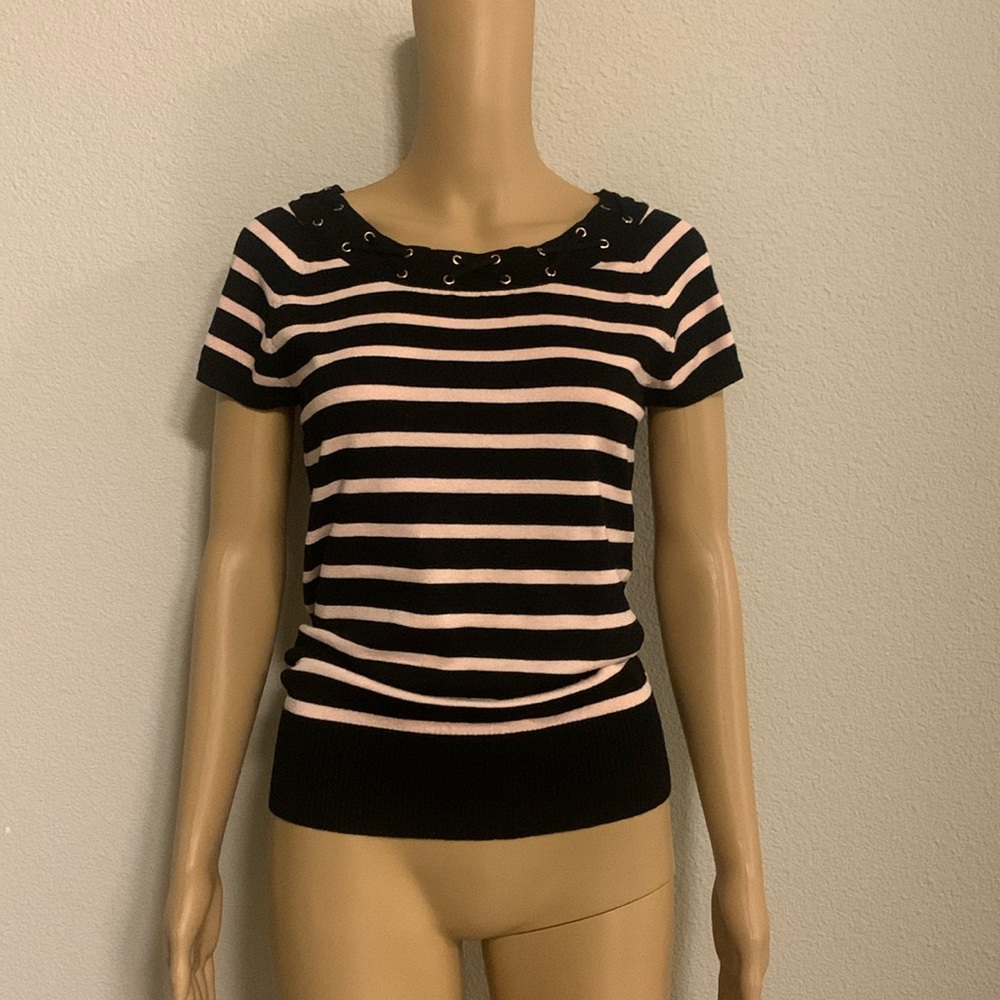 Short Sleeve Top/Blouse by BCX, Size L, Black/Pink